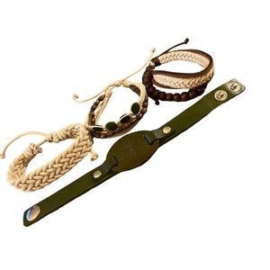 4 Bracelets Green Leather Snap Dandelion 3 Natural and Brown Pull String